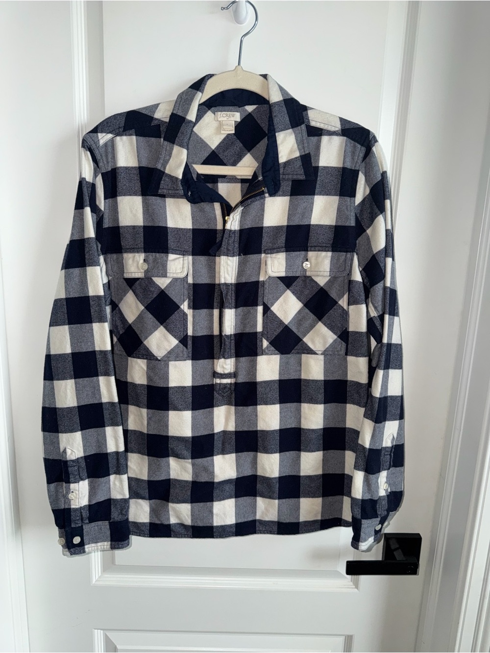 J.Crew Buffalo Plaid Flannel Popover Shirt Navy White 100% Cotton Women’s Large